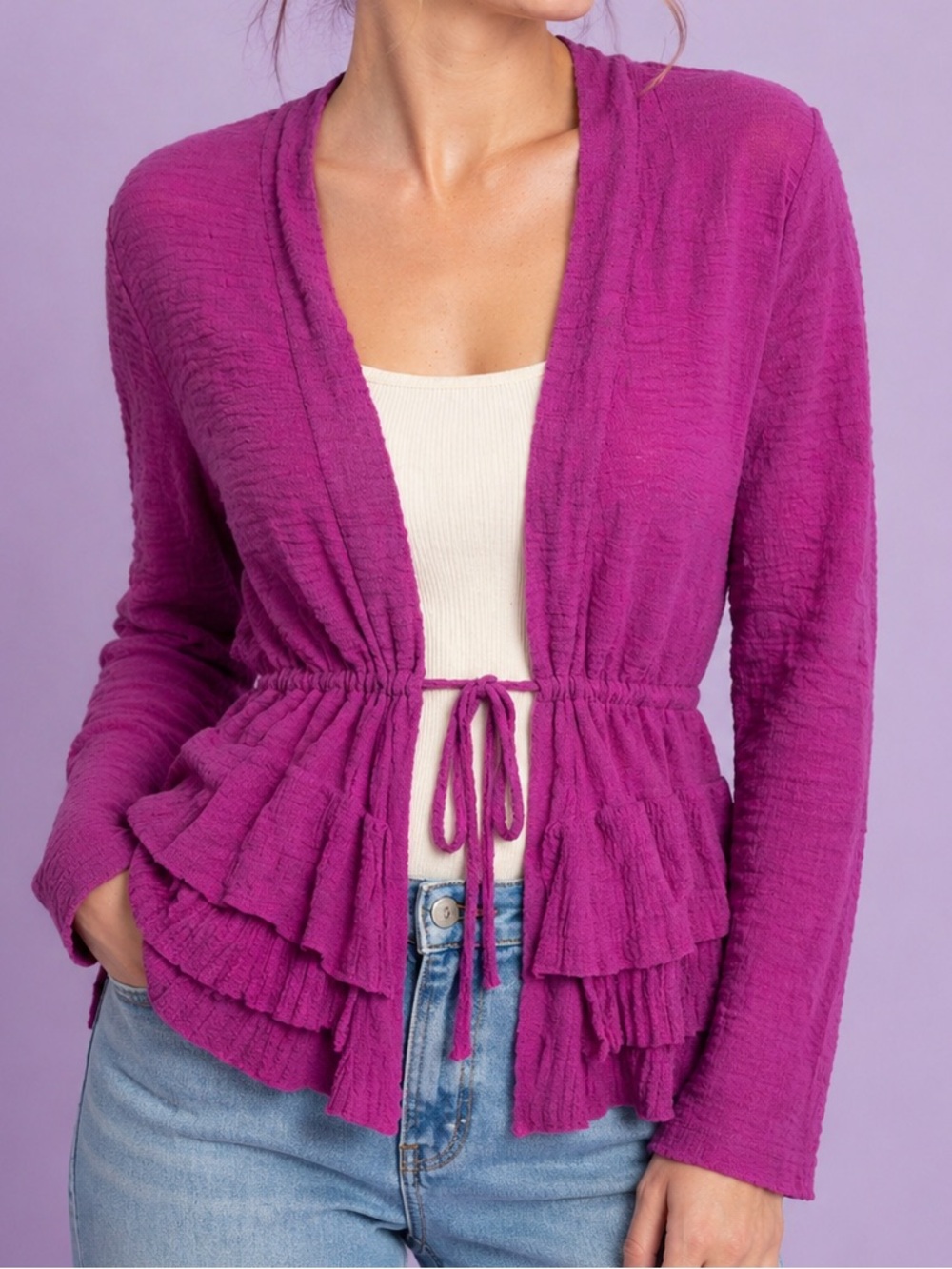 Elle Tie Front Ruffle Cardigan